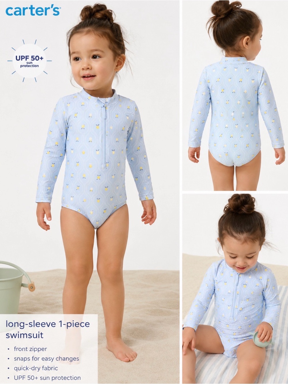 Kids Long-Sleeve One-Piece Rash Guard Swimsuit in Light Blue with Lemon Accents